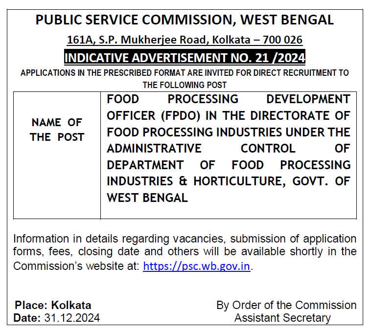 WBPSC food processing officer short notification